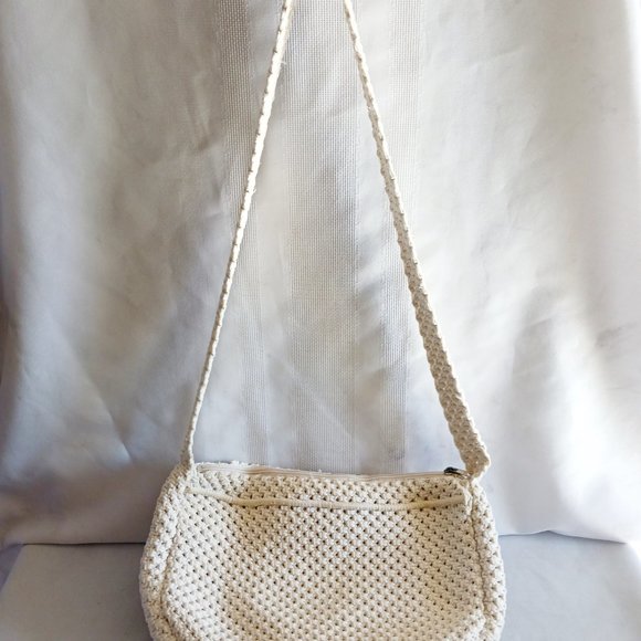 Beige Crochet Floral Shoulder Bag W/Embroidered Multi Color Flowers - Picture 2 of 10